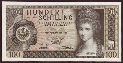 Billete austríaco de los años sesenta diseñado por Roman Hellmann, con un retrato de Angelika Kauffmann