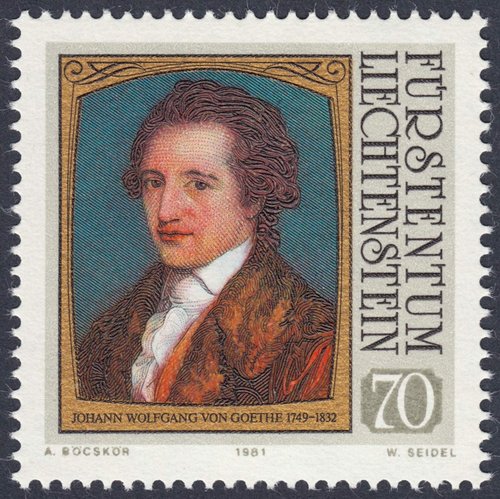 Liechtenstein, 1981, J. W. Goethe, de Angelika Kauffmann. Sello diseñado por Auguste Böcskör y grabado por Wolfgang Seidel. Calcografía y huecograbado