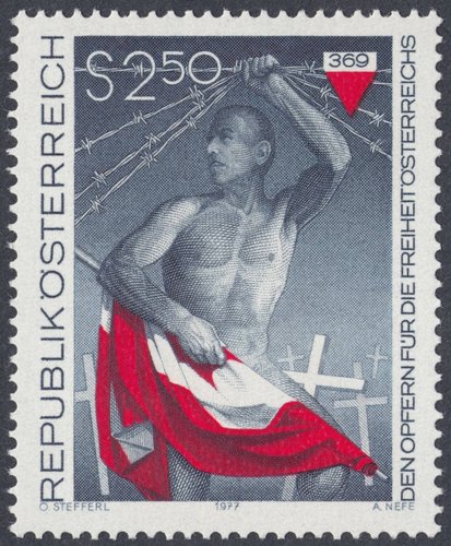 Austria, 1977, homenaje a las víctimas de la libertad. Diseño de Otto Stefferl y grabado de Alfred Nefe. Impresión mixta en calcografía y huecograbado
