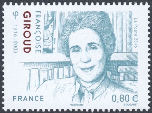 Francia, 2016, Françoise Giroud. Sello diseñado y grabado por Sarah Bougault. Calcografía