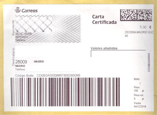 Etiqueta térmica digital. Grande. 2833094-Madrid Suc 46. Código de envío. Carta Certificada. 5,00. 10x14,5. 2018-12-04. Baja.jpeg