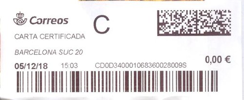 Etiqueta térmica digital. Nueva. Barcelona Suc 20. Carta certificada. 2018-12-05. 15.03. 4,1x10. 0,00 euros. Baja.jpeg