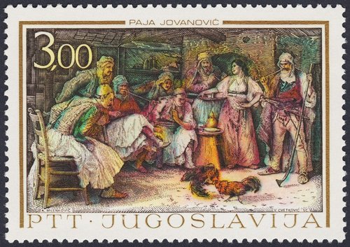 Yugoslavia, 1967, Día de la República. “Pelea de gallos”, de Pavle &quot;Paja&quot; Jovanović. Diseño de Andreja Milenković y grabado de Velibor Cvetković. Calcografía y litografía
