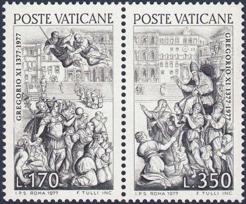 Vaticano, 1977, 600 años del regreso a Roma del Papa Gregorio XI. Sellos diseñados y grabados por Francesco Tulli. Calcografía