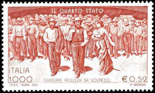 Italia, 2001, “El Cuarto Estado”, de Giuseppe Pellizza da Volpedo. Sello diseñado y grabado por Rita Morena. Calcografía