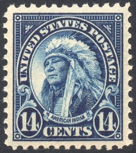 Estados Unidos, 1923, Indio americano. Sello diseñado por Clair Aubrey Huston. Retrato grabado por Louis S. Schofield. Calcografía