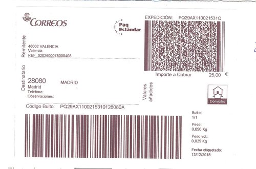 Etiqueta térmica digital. Grande. Paq Estándar. (Valencia). Domicilio. Importe a cobrar 27,00 €. 10x14.5. 2018-12-13 (etiquetado). Baja.jpeg
