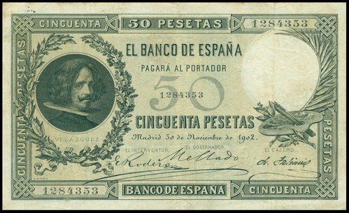 Billete de 50 pesetas, año 1902, para el que Bartolomé Maura grabó el retrato del anverso de Velázquez y la obra del reverso, “La fragua de vulcano”