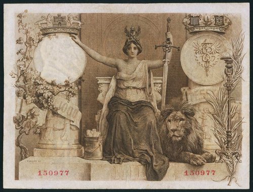 Billete de 1000 pesetas, año 1907, en el que Enrique Vaquer grabó las impresionantes viñetas alegóricas de anverso y reverso