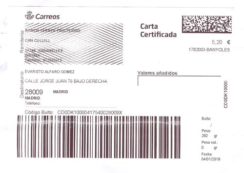 Etiqueta térmica digital. Grande. Nueva. Carta certificada. 1782003-Banyoles. Inicio código envío. 2019-01-04. 5,20 euros. 10x14,4. Baja.jpeg