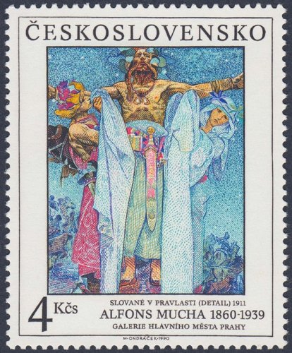 Checoslovaquia, 1990, Arte, fragmento de “Slované pravlasti”, de Alfons Mucha. Sello diseñado y grabado por Miloš Ondráček. Calcografía