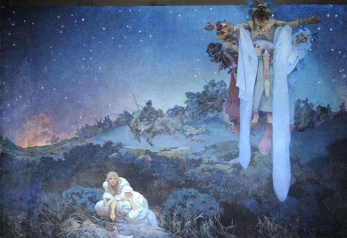 “Slované pravlasti”, pintura perteneciente al ciclo monumental de Alfons Mucha llamado Epopeya eslava, formado por 20 grandes lienzos pintados a partir de 1910 y durante casi dos décadas