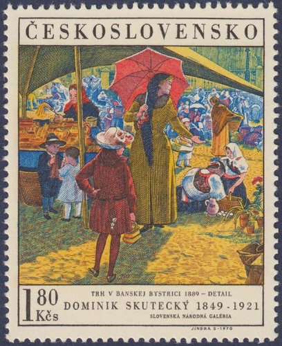 Checoslovaquia, 1970, Arte, “Mercado de Banská Bystrica”, de Dominik Skutecký. Sello diseñado y grabado por Jindra Schmidt. Calcografía