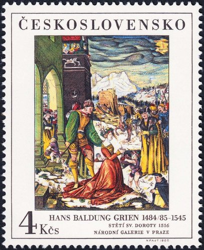 Checoslovaquia, 1985, Arte, Decapitación de Santa Dorotea, de Hans Baldung Grien. Sello diseñado y grabado por Václav Fajt. Calcografía