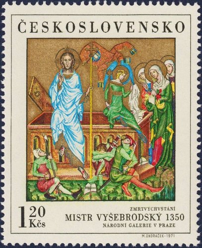 Checoslovaquia, 1971, Resurrección, obra del Maestro de Vyšší Brod (Mistr Vysebrodsky). Sello diseñado y grabado por Miloš Ondráček. Calcografía