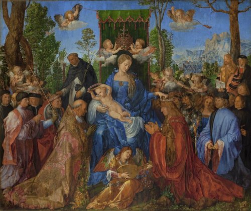 La fiesta del Rosario, de Albrecht Dürer, sobre 1506. Pintura al óleo sobre madera, 194.5 x 162 cm. Galería Nacional, Praga