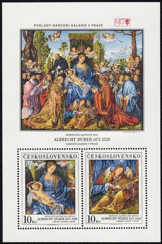 Checoslovaquia, 1989, La fiesta del Rosario, de Dürer. Hojita diseñada y grabada por Miloš Ondráček. Impresión calcográfica multicolor