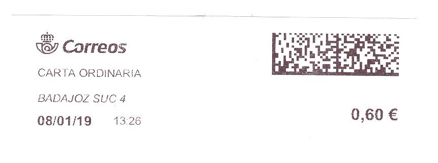 Etiqueta térmica digital. Nueva. Badajoz Suc 4. Carta ordinaria. 2019-01-08. 13.26. 4x10,1. 0,60 euros.jpeg