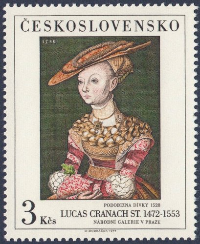 Checoslovaquia, 1977, Arte, “Retrato de una joven sosteniendo un helecho” (1528), de Lucas Cranach. Sello diseñado y grabado por Miloš Ondráček. Calcografía