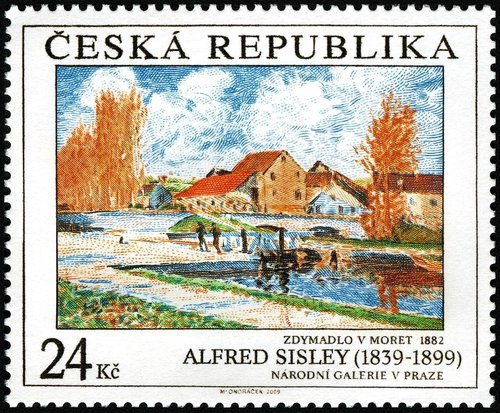 República Checa, 2009, Arte, “El bloqueo de Bourgogne en Moret” (1882), de Alfred Sisley. Sello diseñado y grabado por Miloš Ondráček. Calcografía