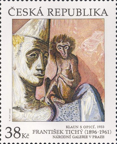 República Checa, 2016, Arte, “Payaso con mono” (Klaun s opičkou), de František Tichý. Sello diseñado y grabado por Václav Fajt. Calcografía