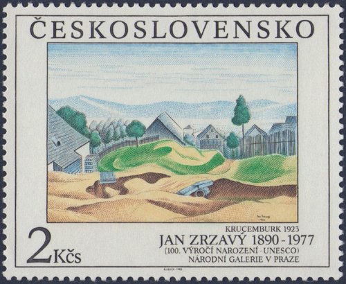 Checoslovaquia, 1990, Arte, “Krucemburk”, obra de Jan Zrzavý. Sello diseñado y grabado por Bedřich Housa. Calcografía
