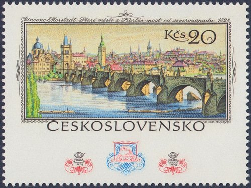 Checoslovaquia, 1978, Sesenta años de sellos checoslovacos, “La vieja Praga”, lámina de Vincenc Morstadt. Sello diseñado y grabado por Miloš Ondráček, emitido en una pequeña hojita. Calcografía