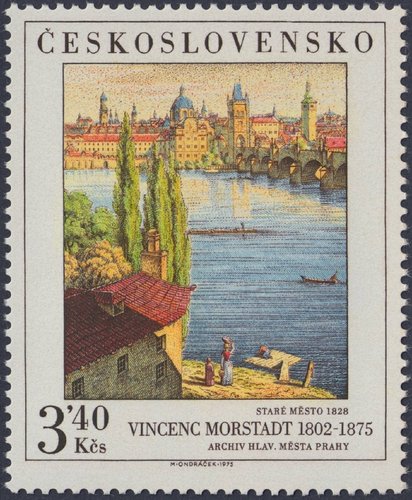 Checoslovaquia, 1975, Arte, “La vieja Praga”, de Vincenc Morstadt. Sello diseñado y grabado por Miloš Ondráček. Calcografía
