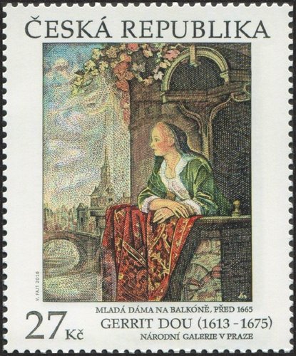 República Checa, 2016, Arte, “Joven en su balcón”, de Gerrit Dou, pintor barroco. Sello diseñado y grabado por Václav Fajt. Calcografía