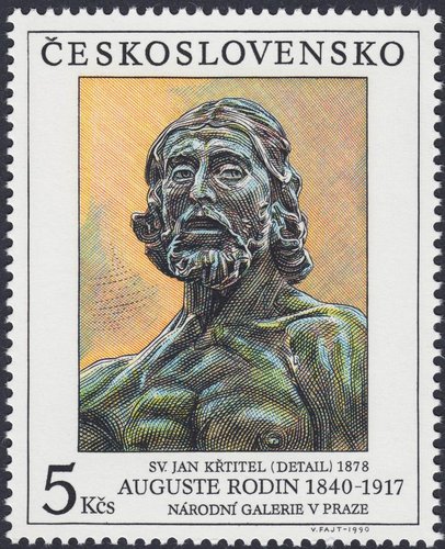 Checoslovaquia, 1990, Arte, San Juan Bautista, escultura de Auguste Rodin. Sello diseñado y grabado por Václav Fajt. Calcografía