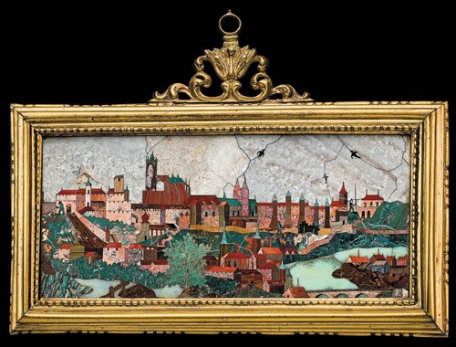 Mosaico del taller de Giovanni Castrucci, “Vista del Castillo de Praga y de la Ciudad Pequeña”, sobre 1601. Museo de Artes Decorativas de Praga