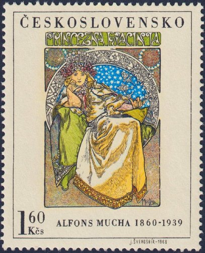 Checoslovaquia, 1968, Arte, “Princesa Hyacinta”, de Alfons Mucha. Sello diseñado y grabado por Jiří Švengsbír. Calcografía