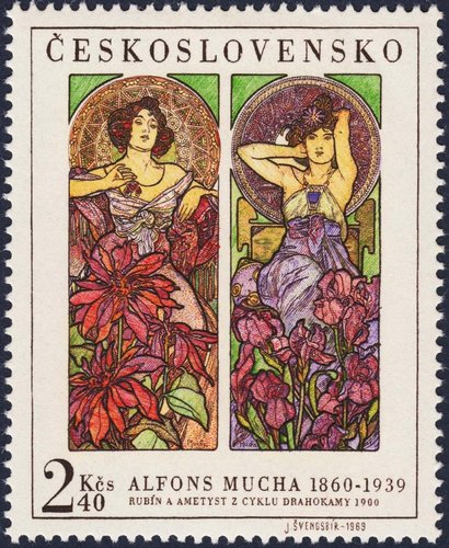 Checoslovaquia, 1969, Arte, Alfons Mucha, &quot;Las Piedras Preciosas&quot;, Rubí y Amatista. Uno de los 4 sellos emitidos en 1969 para honrar a Alfons Mucha, todos diseñados y grabados por Jiří Švengsbír. Calcografía