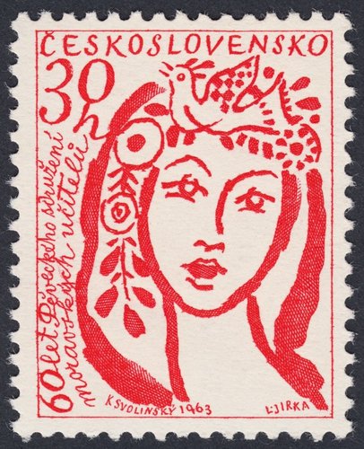 Checoslovaquia, 1963, 60 aniversario de la Asociación de Maestros de Moravia. Sello diseñado por Karel Svolinský y grabado por Ladislav Jirka. Calcografía