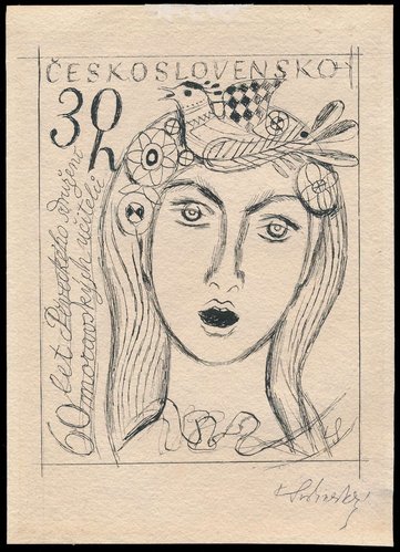 Boceto de diseño a tinta, casi definitivo, de Karel Svolinský para el sello que en 1963 grabó Ladislav Jirka