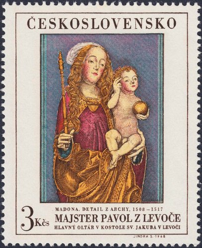 Checoslovaquia, 1968, Arte, Virgen con niño, del maestro Pavol de Levoča, figura del altar gótico de madera más alto del mundo, terminado a principios del siglo XVI. Sello diseñado y grabado por Jindra Schmidt; calcografía