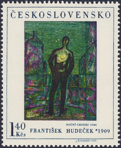 Checoslovaquia, 1970, Arte, “Caminante de la noche”, de František Hudeček. Sello diseñado y grabado por Jiří Švengsbír. Calcografía