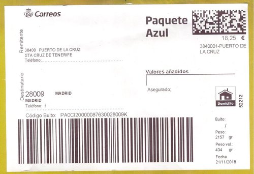 Etiqueta térmica digital. Grande. Nueva. Paquete Azul. 3840001-Puerto de la Cruz. 52212. Asegurado y domicilio. 18,25. 10x14,7. 2018-11-21. Baja.jpeg