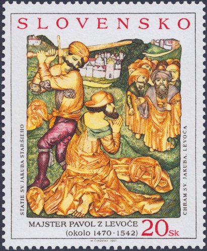 Eslovaquia, 2002, Arte, Relive que muestra la decapitación de San Jacobo el Anciano ( o Santiago el Mayor), Basílica de Levoča. Sello diseñado y grabado por Martin Činovský. Calcografía