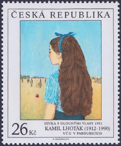 República Checa, 2012, “Niña con pelo largo”, de Kamil Lhoták. Sello diseñado y grabado por Miloš Ondráček. Calcografía