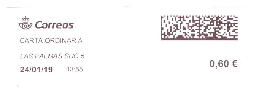 Etiqueta térmica digital. Nueva. Las Palmas Suc 5.  Carta ordinaria. 2019-01-24. 13.55. 4x10. 0,60 euros.jpeg