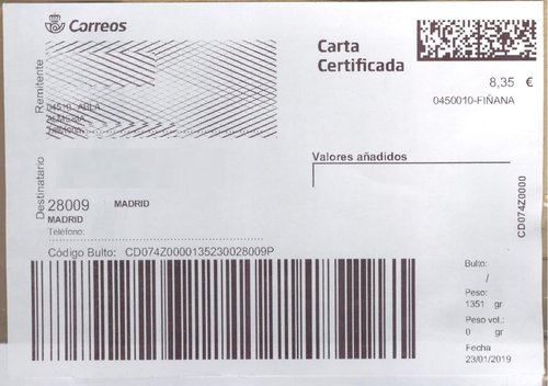 Etiqueta térmica digital. Grande. Nueva. Carta certificada. 0450010-Fiñana. Inicio código envío. 2019-01-23. 8,35 euros. 10x14,6. Baja.jpeg