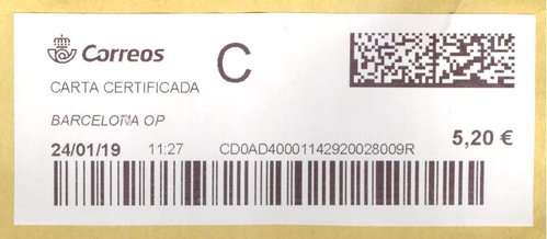 Etiqueta térmica digital. Nueva. Barcelona OP. Carta certificada. 2019-01-24. 11.27. 4,1x10. 5,25 euros.jpeg