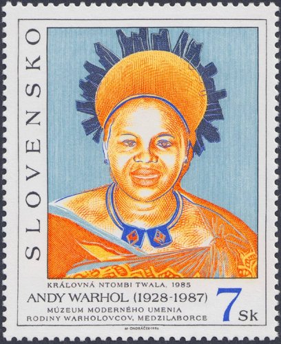 Eslovaquia, 1996, Arte, Reina Ntombi Twala, de Andy Warhol; serigrafía en colores. Sello diseñado y grabado por Miloš Ondráček. Calcografía