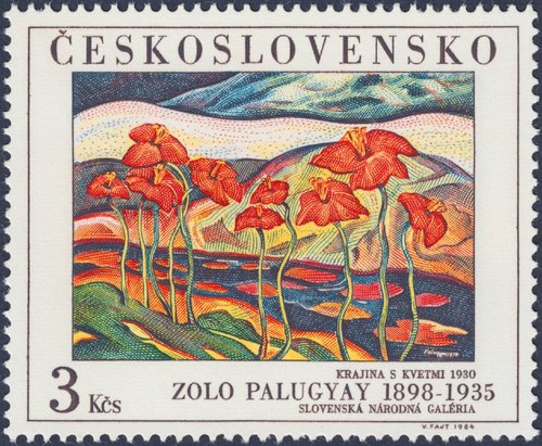 Checoslovaquia, 1984, Arte, “Paisaje con flores”, de Zoltán Palugyay. Sello diseñado y grabado por Václav Fajt. Calcografía