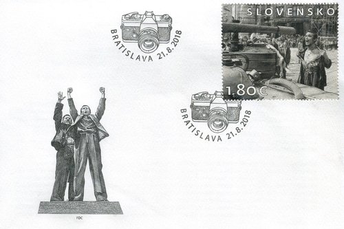 Sobre de primer día. Ilustración del sobre diseñada y grabada a buril por Rudolf Cigánik, a partir de otra fotografía muy popular de Ladislav Bielik