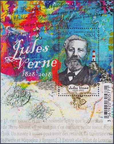 Saint-Pierre y Miquelon, 2018, JulioVerne. Hojita diseñada por Marie-Laure Drillet y en la que Albuisson graba a buril el retrato del gran escritor. Calcografía y offset