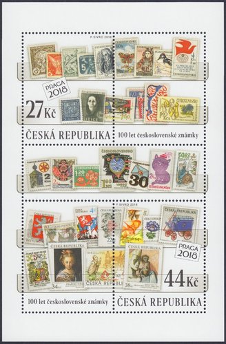 República Checa, 2018, Cien años de sellos checoslovacos. Hojita diseñada por Pavel Sivko. Impresión en offset