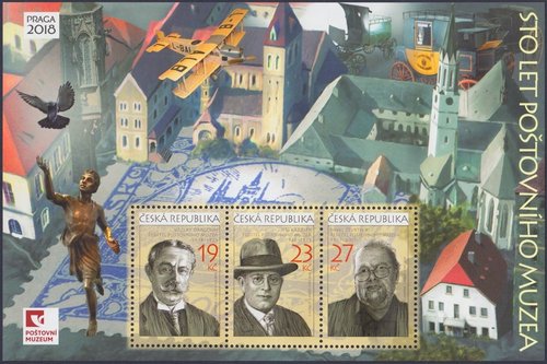 República Checa, 2018, Centenario del Museo Postal; Václav Dragoun, Jiří Karásek y Pavel Čtvrtník. Hojita diseñada por Jan Maget y Eva Hašková; retratos de los sellos grabados por Václav Fajt. Impresión mixta en calcografía y offset
