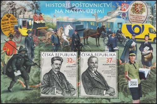 República Checa, 2017, Historia Postal; Jiří Stříbrný y Maxmilián Fatka. Hojita diseñada por Jan Maget y Eva Hašková; retratos de los sellos grabados por Václav Fajt. Impresión mixta en calcografía y offset